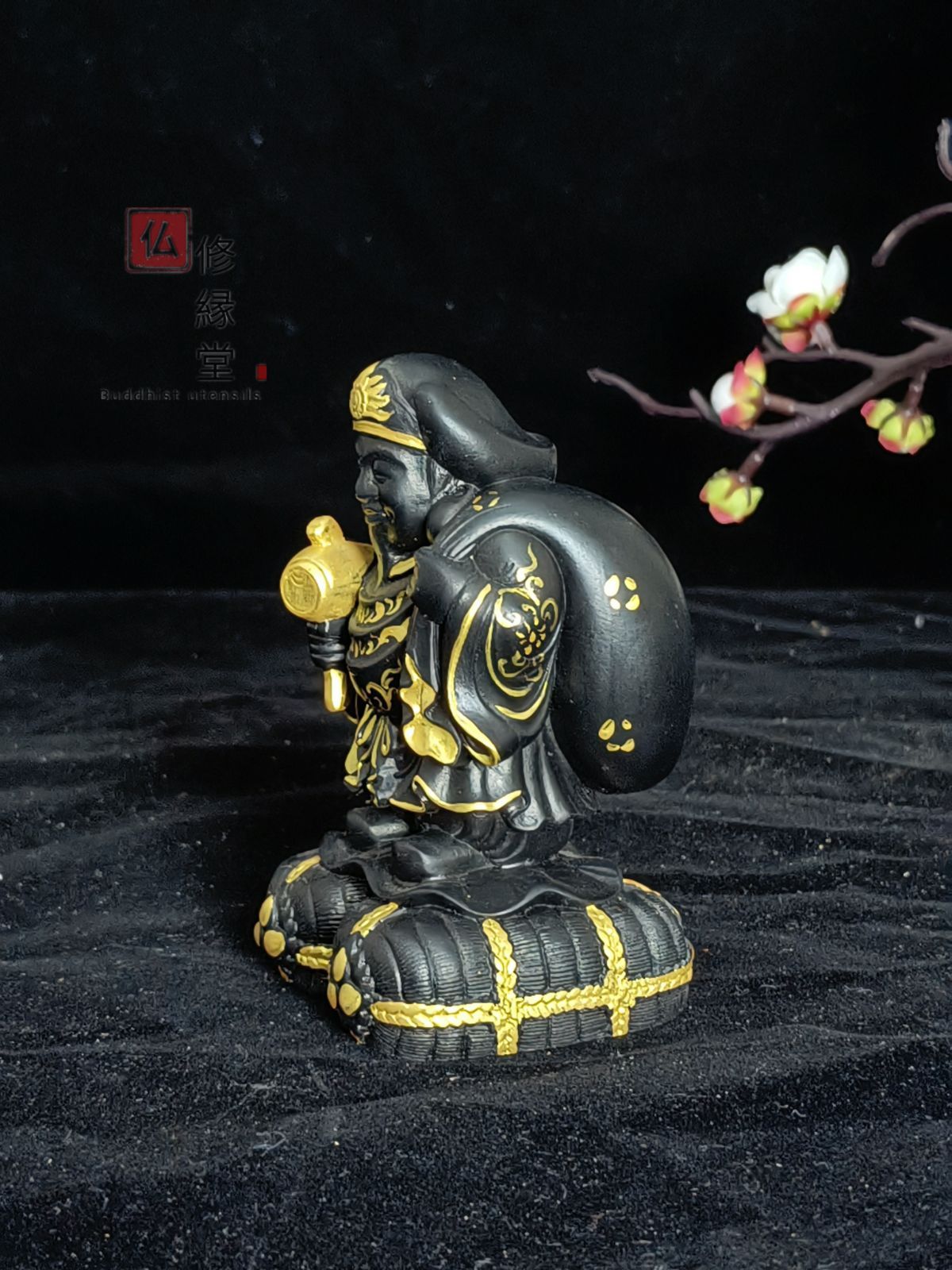 修縁堂】稀少珍品 木彫仏像 七福神大黒天 彫刻 彩繪 本金 切金 柘植材 