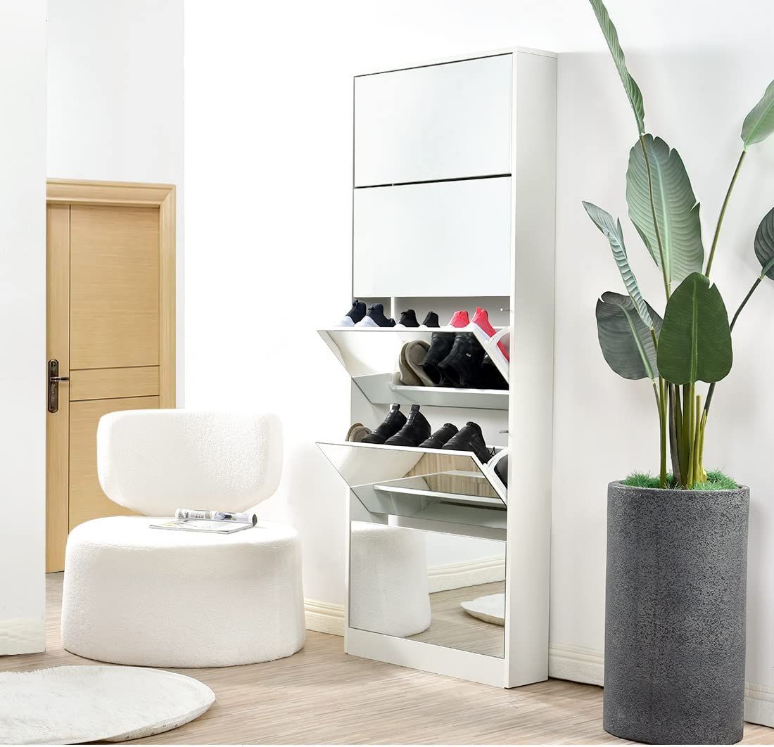 ★★送料無料★★新品 OSJ ミラー付 シューズラック 5段 薄型 スリム 奥行17 木製 ナチュラル マグネットバックル