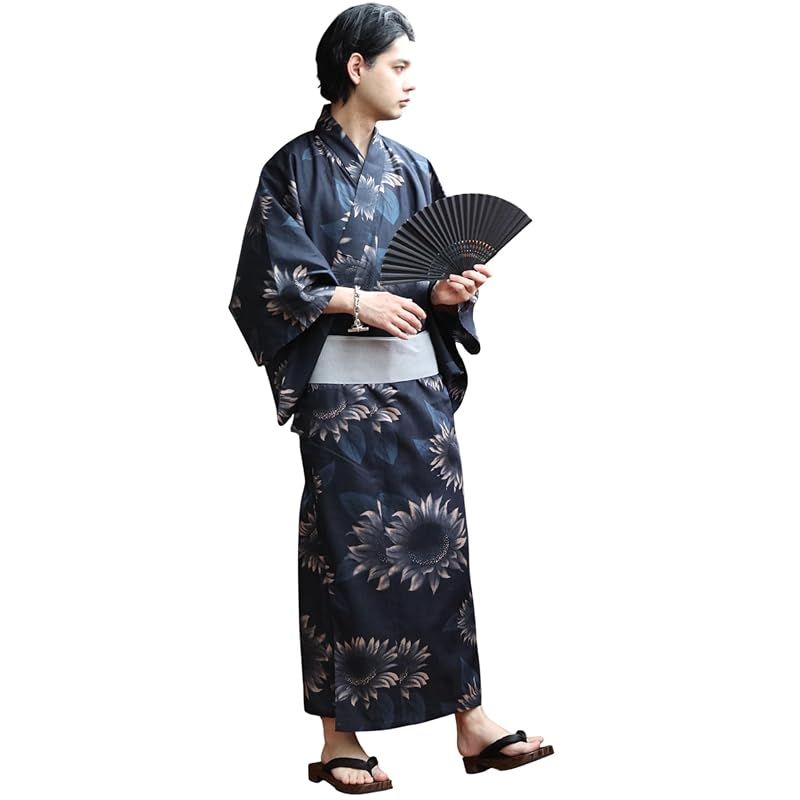 8 eight エイト 和柄 総柄 浴衣 3点セット メンズ 浴衣 帯 下駄 コットン ひまわりネイビーLL