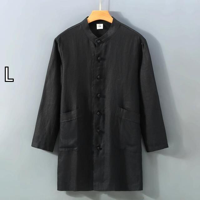 L メンズ ファッション 服 男性用 オシャレ シンプル 大人 かっこいい 大きいサイズ ストリート 紳士服 リネン ミドル丈 シャツ ジャケット レトロ プレート ボタン フル リネン 生地 シャツ トップス 服