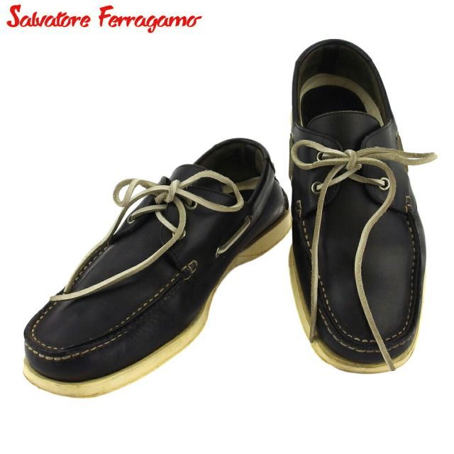 サルヴァトーレ フェラガモ シューズ 靴 メンズ ♯7ハーフEE デッキシューズ ブラック ベージュ レザー Salvatore Ferragamo E1591S 