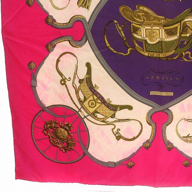 エルメス HERMES スカーフ カレ90 SPRINGS 馬車 シルク ピンク /☆G