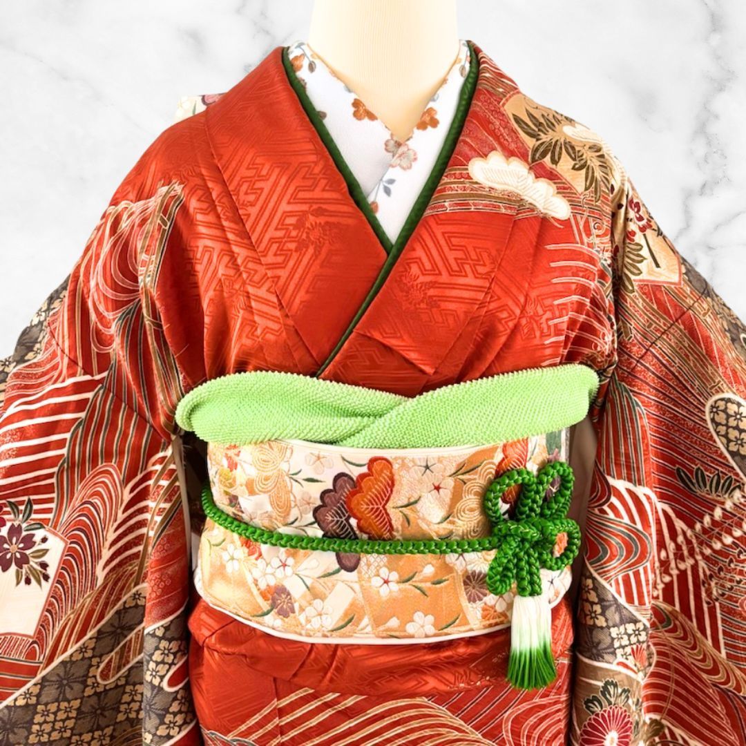 【振袖用長襦袢】美品 絞り 朱赤 袷 トールサイズ １３６ｃｍ＊裄６８ 銀座【F-423】振袖用 長襦袢 朱赤色 絞り 菊唐草地紋に菊花文