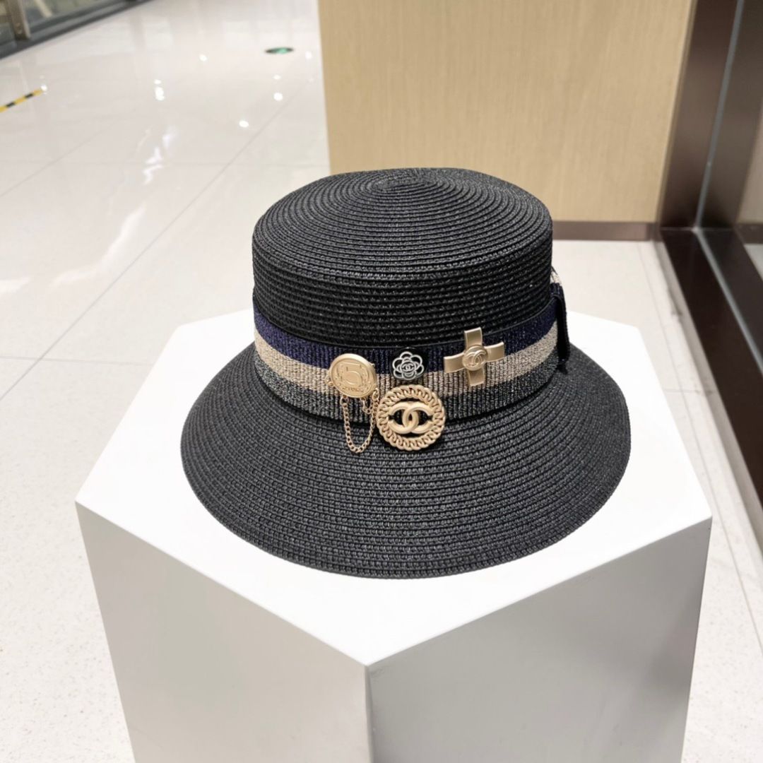 CHANEL シャネル ストローハット ベージュx黒 M 4100125A0029 CHANEL シャネル ストローハット ベージュx黒 M 4100125A0029