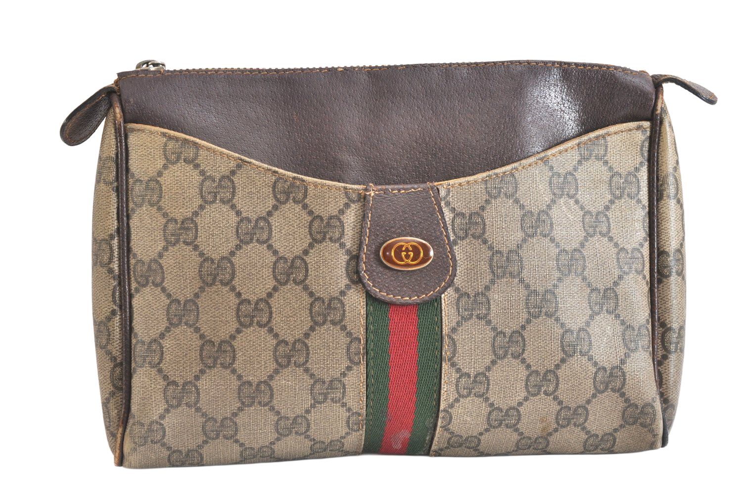 GUCCI グッチ ウェブ シェリーライン クラッチハンドバッグ GGピーブイシー レザー ブラウン ジャンク 2800N