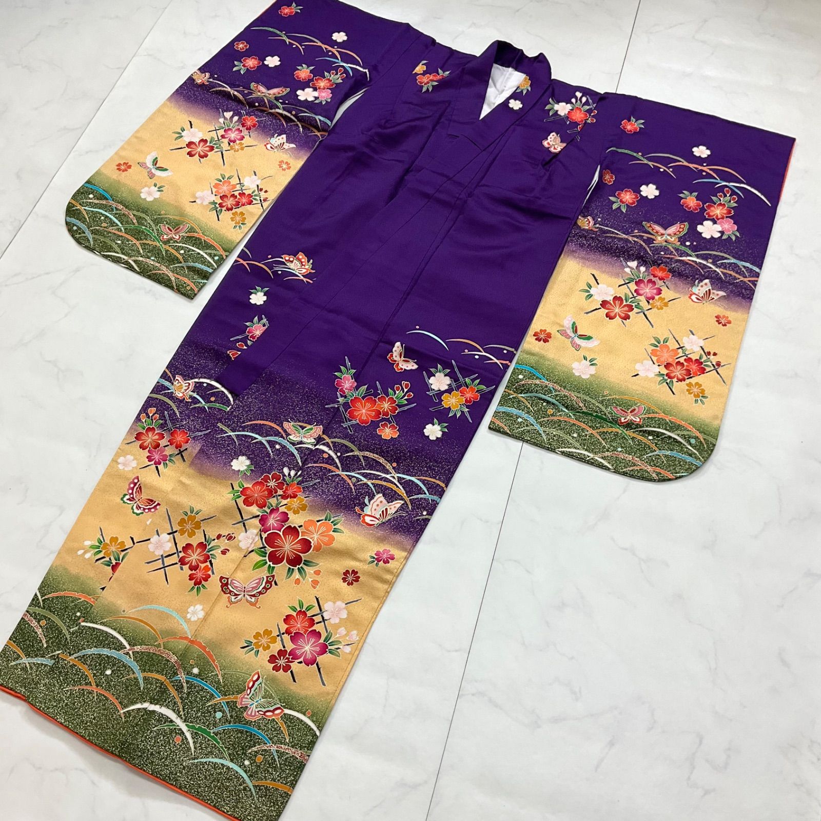 ◆kimono+one◆7歳くらい用◆子供着物◆正絹◆七五三◆紫◆蝶◆裄52.5肩丈136◆七五三お詣り女の子着物こどものひお正月卒業式十三詣り◆G40