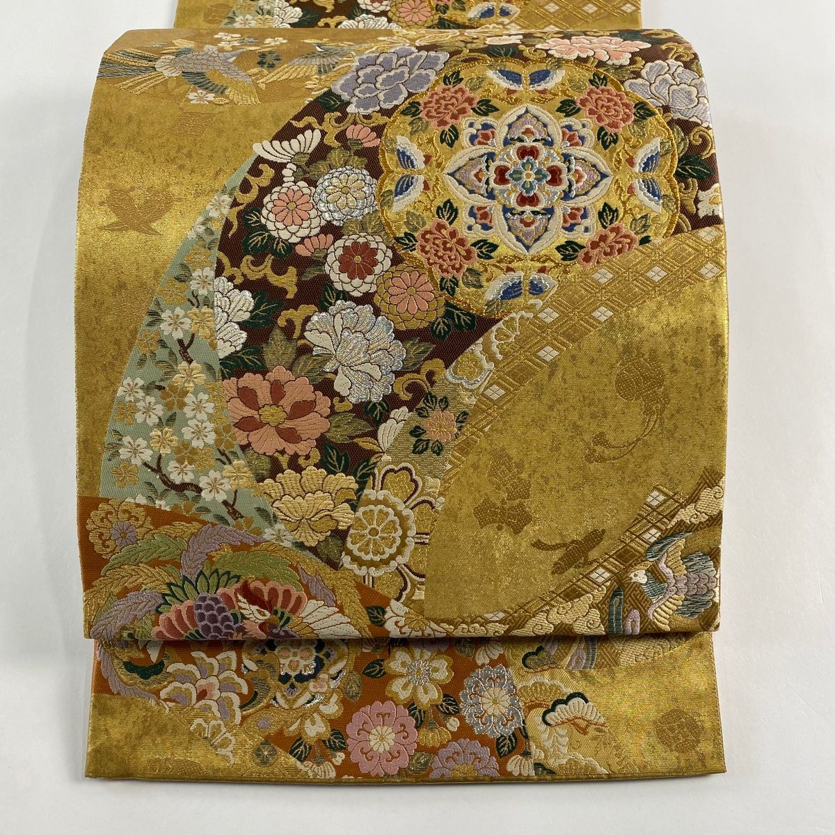 美品 袋帯 秀品 夏帯 絽 菊 萩 箔 金糸 ベージュ 六通 正絹