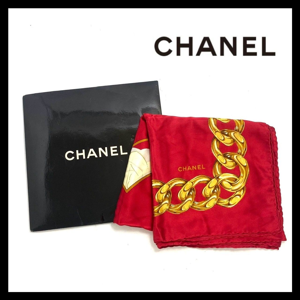 FU【CHANEL】デカココマーク カメリア シルク スカーフ フラワー/花柄 チェーン レッド/赤 ゴールド/金 シャネル (FU3141) -  メルカリ