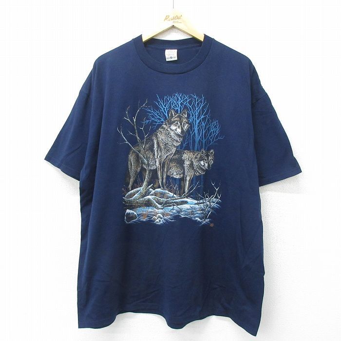 XL/古着 半袖 ビンテージ Tシャツ メンズ 90s オオカミ 大きいサイズ クルーネック 紺 ネイビー spe 24jun25 中古