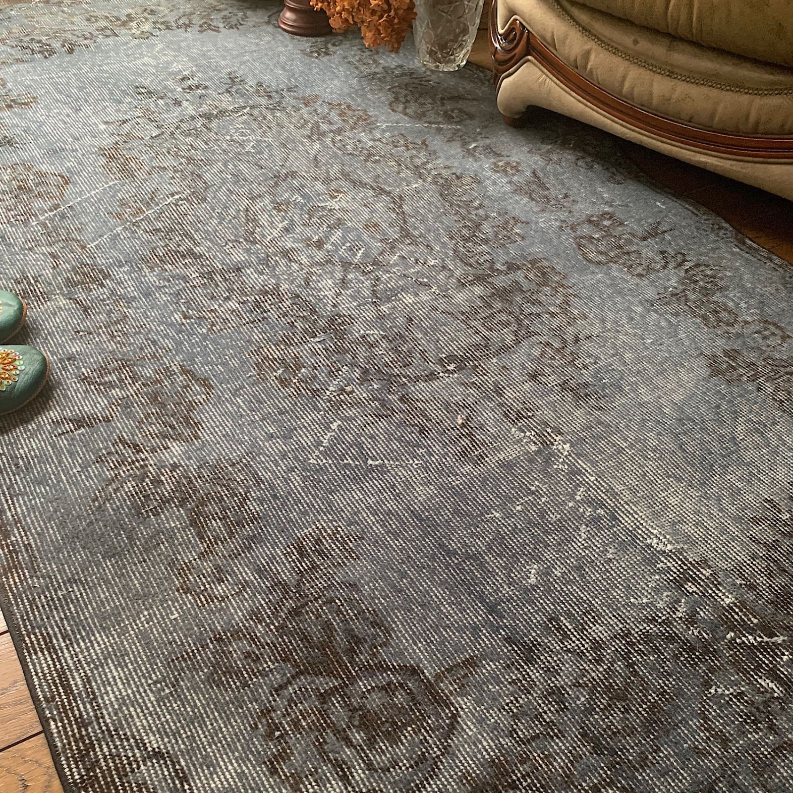 トルコヴィンテージラグ 207×104 グレー ブラック チョコ オーバーダイ