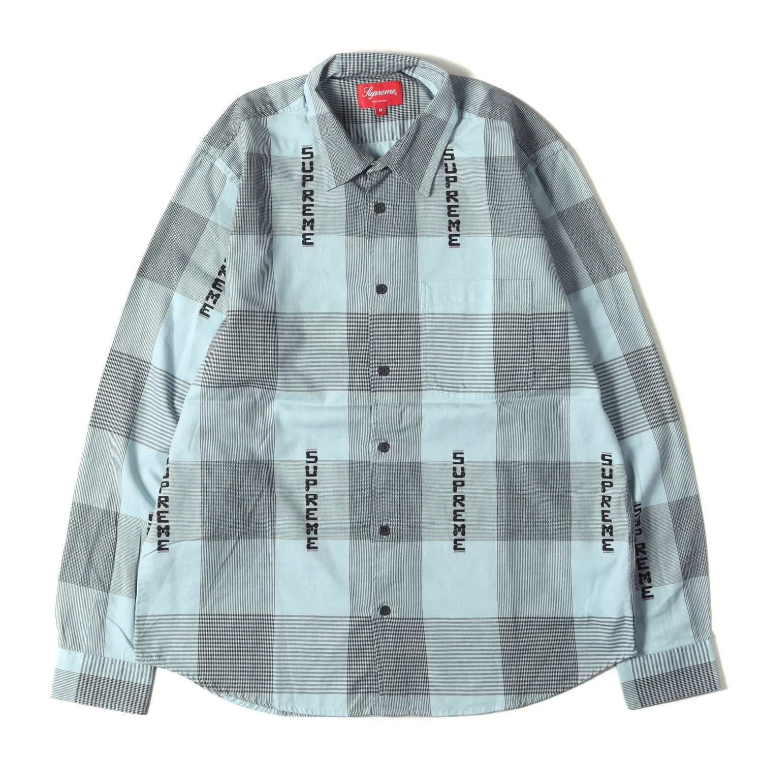美品 Supreme シュプリーム シャツ サイズ:M 20SS ブランドロゴ チェック 長袖シャツ Logo Plaid Shirt ライトブルー トップス カジュアルシャツ 【メンズ】