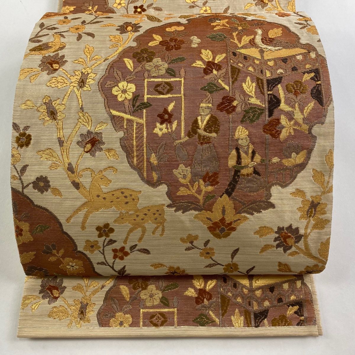 袋帯 秀品 人物 花鳥 金糸 刺繍 薄茶色 六通 正絹