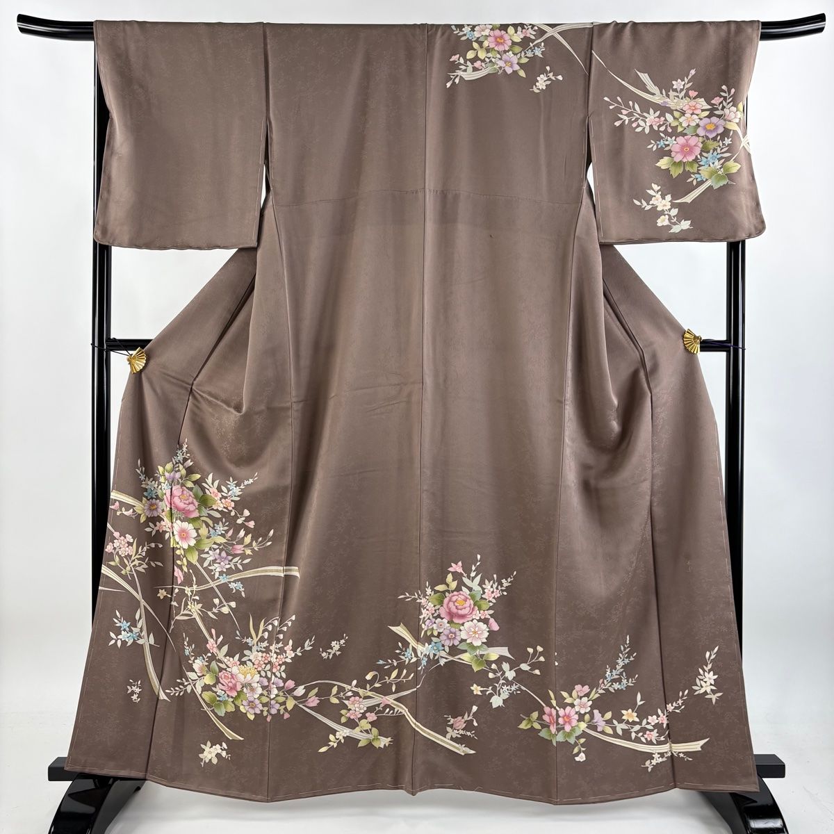 訪問着 身丈163cm 裄丈67cm M 袷 落款 草花 金彩 茶色 正絹 秀品