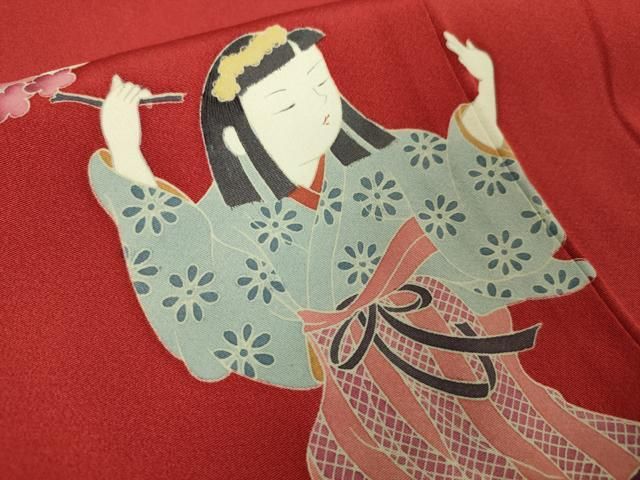 平和屋本店□極上 京加賀友禅 松本健一 振袖 人物図 舞 舞踊 茜色地 暈