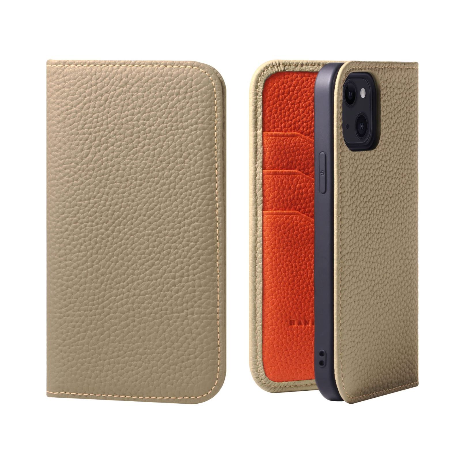 HANATORA iPhone14 ケース 手帳型 本革 スマホケース スマホ スタンド コードホルダー 付き シュリンクカーフレザー ギフト マグネットなし グレージュ + オレンジ PH-14-Grege-OG