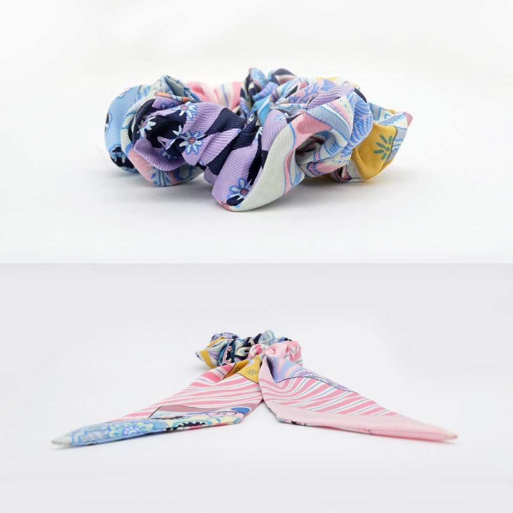 名東】エルメス シュシュ ベッラ ピンク 水色 シルク ヘアアクセサリー