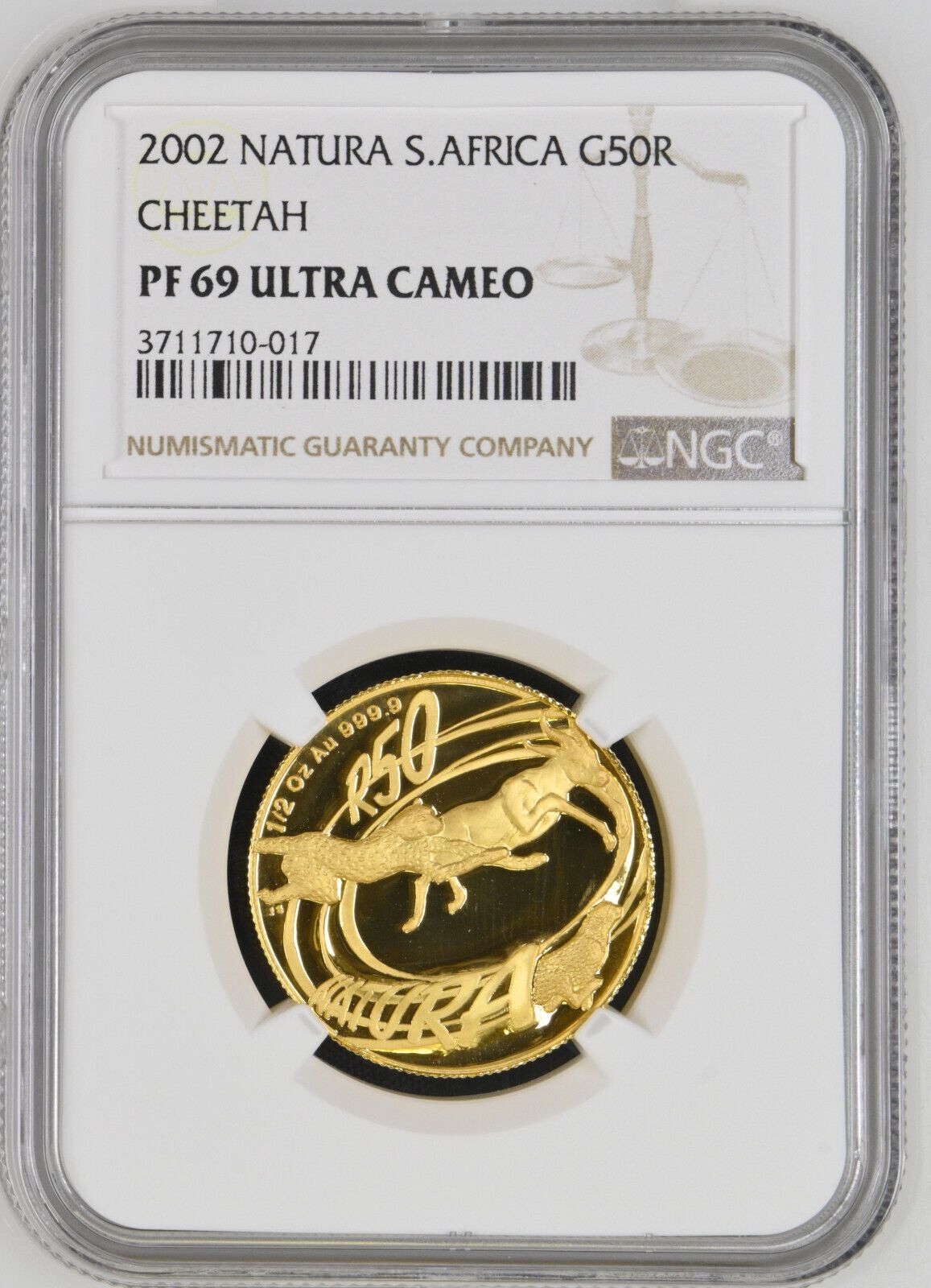 South Africa 2002 50 Rand Wildlife Natura Cheetah 1|2 Oz G Coin NGC PF69