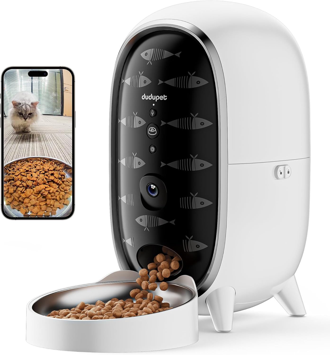 DUDUPET 自動給餌器 猫 ビデオ通話式 2.4GHz＆5GHz帯WIFIに対応 2025新モデル 音声録音 4L容量 2WAY給電 手動給餌 自動餌やり機 ステンレス皿 操作簡単 お手入れ簡単 1日6食 ホワイト ペンギン