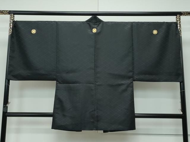 平和屋着物■極上　男性　色無地　紋付き羽織・行灯袴セット　黒地　花菱地紋　舞台衣装　洗える着物　逸品　CZAA3653s5 平和屋着物□極上 男性 色無地 紋付き羽織・行灯袴セット 黒地 花菱