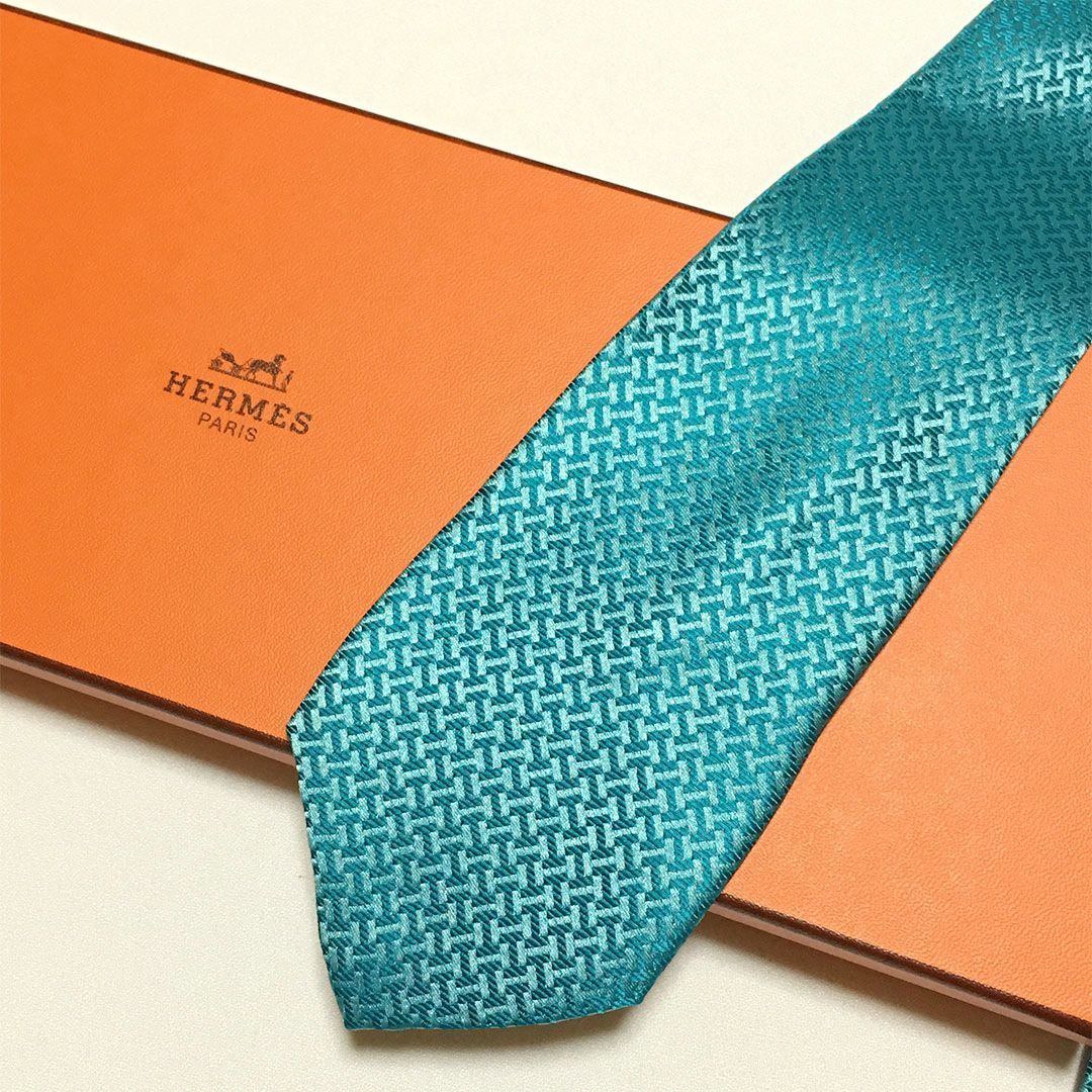 美品 エルメス HERMES ネクタイ シルク100% ターコイズブルー H柄 2510