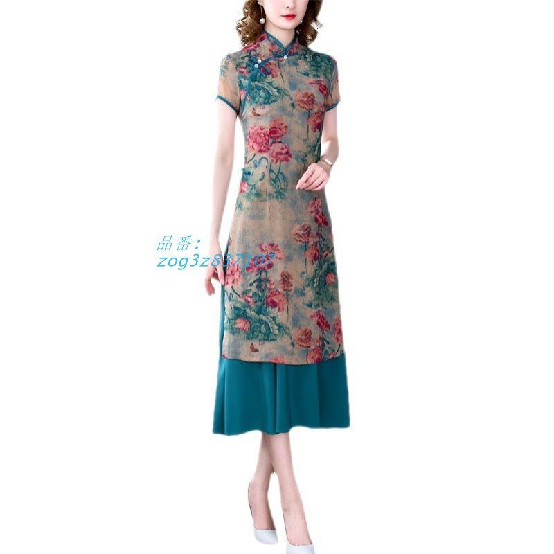 ワンピース レディース 半袖 シフォンワンピース ミモレ丈 チャイナドレス風 プリント オシャレ 刺繍 夏 パーティドレス大きいサイズ ワンピ zog3z837107