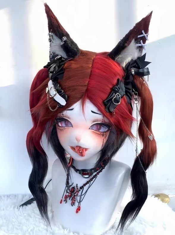 着ぐるみヘッド kigurumi NO.78 猫 赤 ブラック ファースーツ 全頭ヘッド ケモノ マスク ぬいぐるみ コスプレ コスチューム 一点物