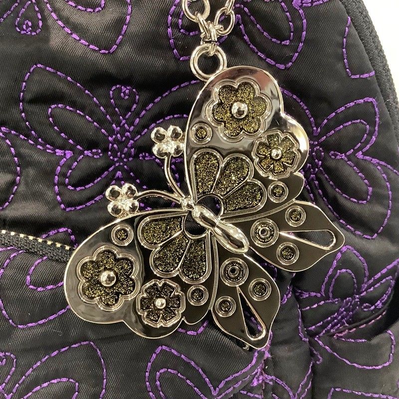 美品 アナスイ リュック バタフライ ブラック×パープル ナイロン チャーム 鍵 美品 アナスイ リュック バタフライ ブラック×パープル ナイロン