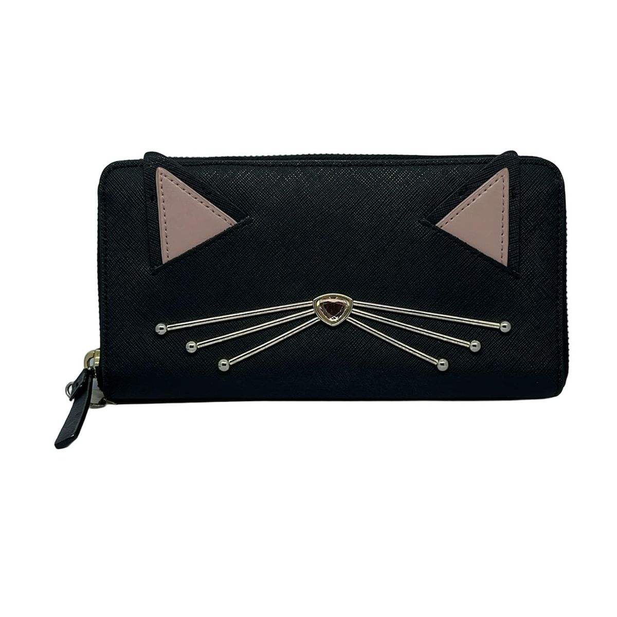 Kate spade ケイトスペード 長財布 - WLRU3074 黒×ライトピンク×ゴールド ネコ|ラウンドファスナー レザー