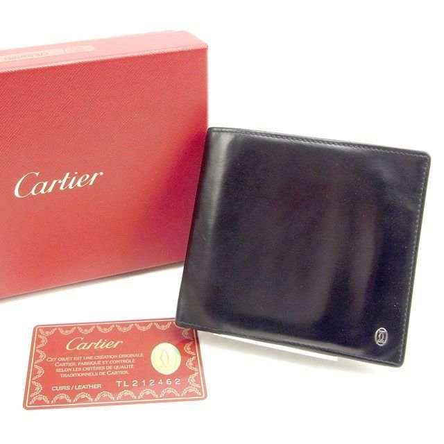 カルティエ 二つ折り財布 パシャ ブラック×シルバー レザー Cartier