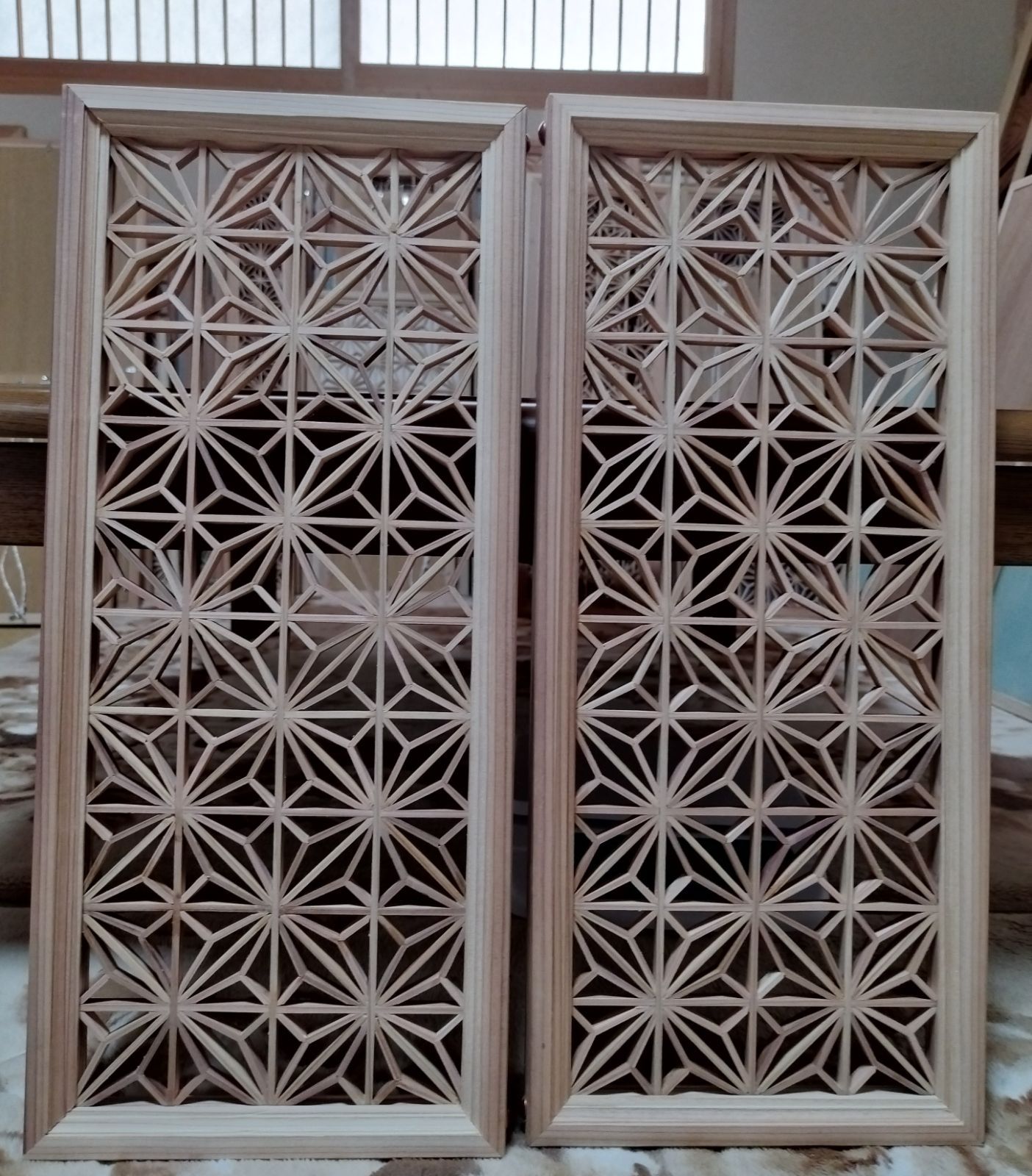 177 ❣️特価！値段交渉OK❣️ 麻の葉組子吹き抜け4枚一組木製額縁 177 麻の葉組子 吹き抜け4枚一組木製額縁