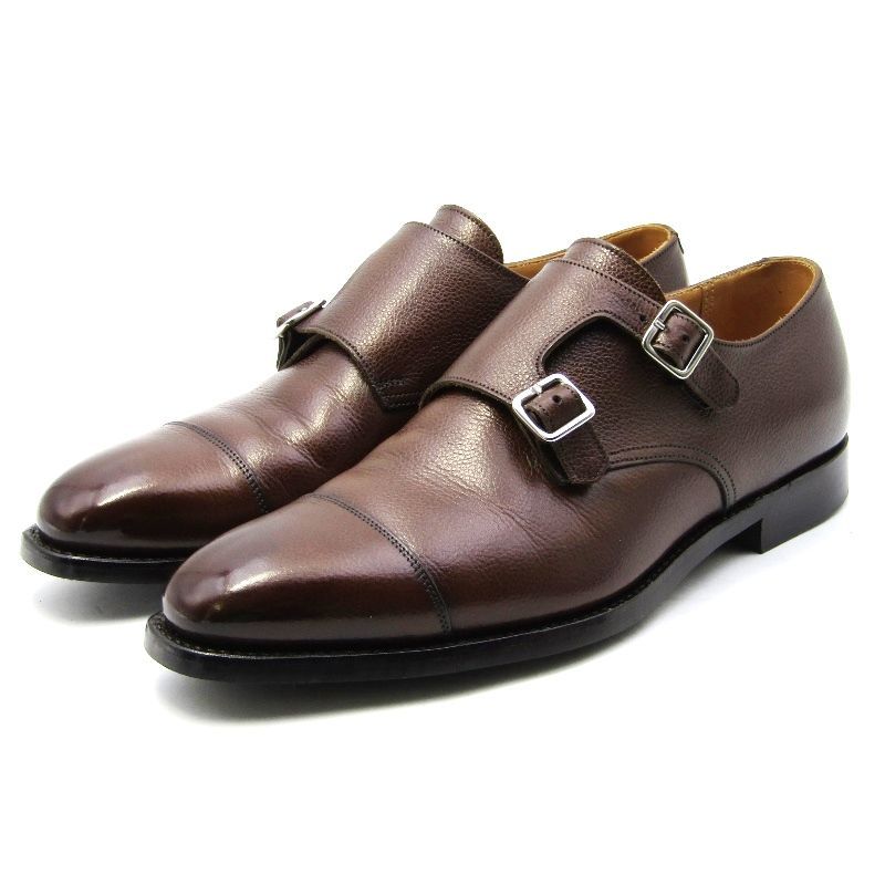 美品 CROCKETTu0026JONES クロケットu0026ジョーンズ UK6E ダブルモンクストラップ 25170A ぺブルグレインレザー LOWNDES シボ革 こげ茶 10007467