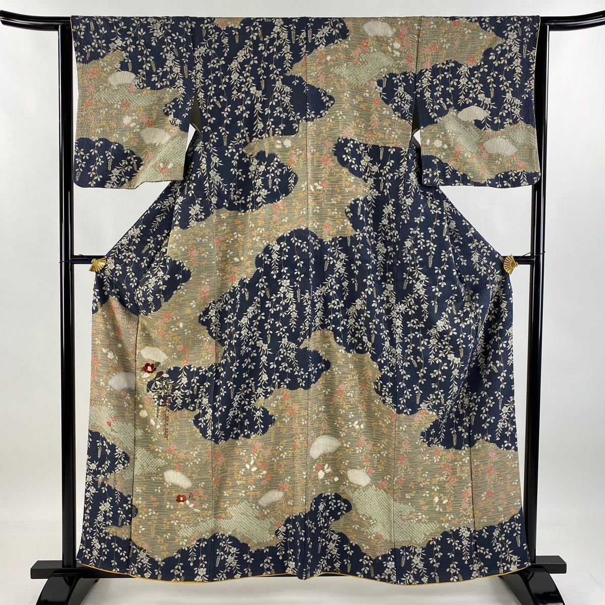 訪問着 身丈158.5cm 裄丈63cm S 袷 扇面 草花 金彩 染分け 青灰色 正絹 名品