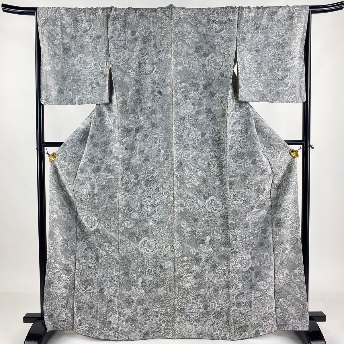 小紋 身丈167cm 裄丈66.5cm M 袷 草花 紋意匠 灰色 正絹 名品