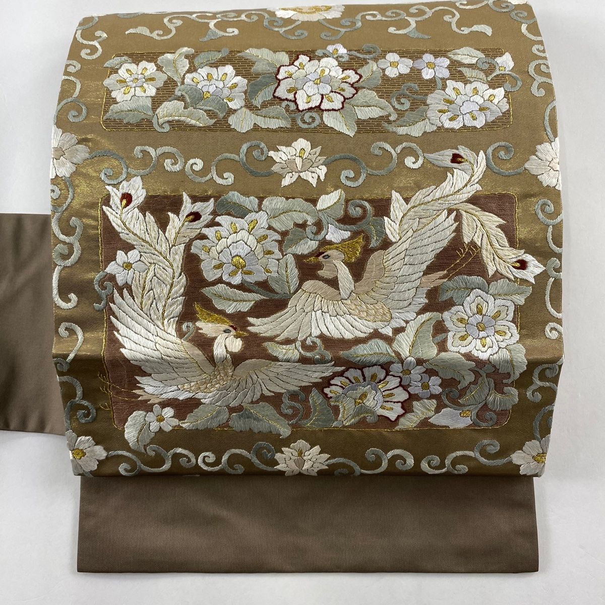 名古屋帯 名品 鳥 花唐草 金糸 刺繍 茶緑色 正絹