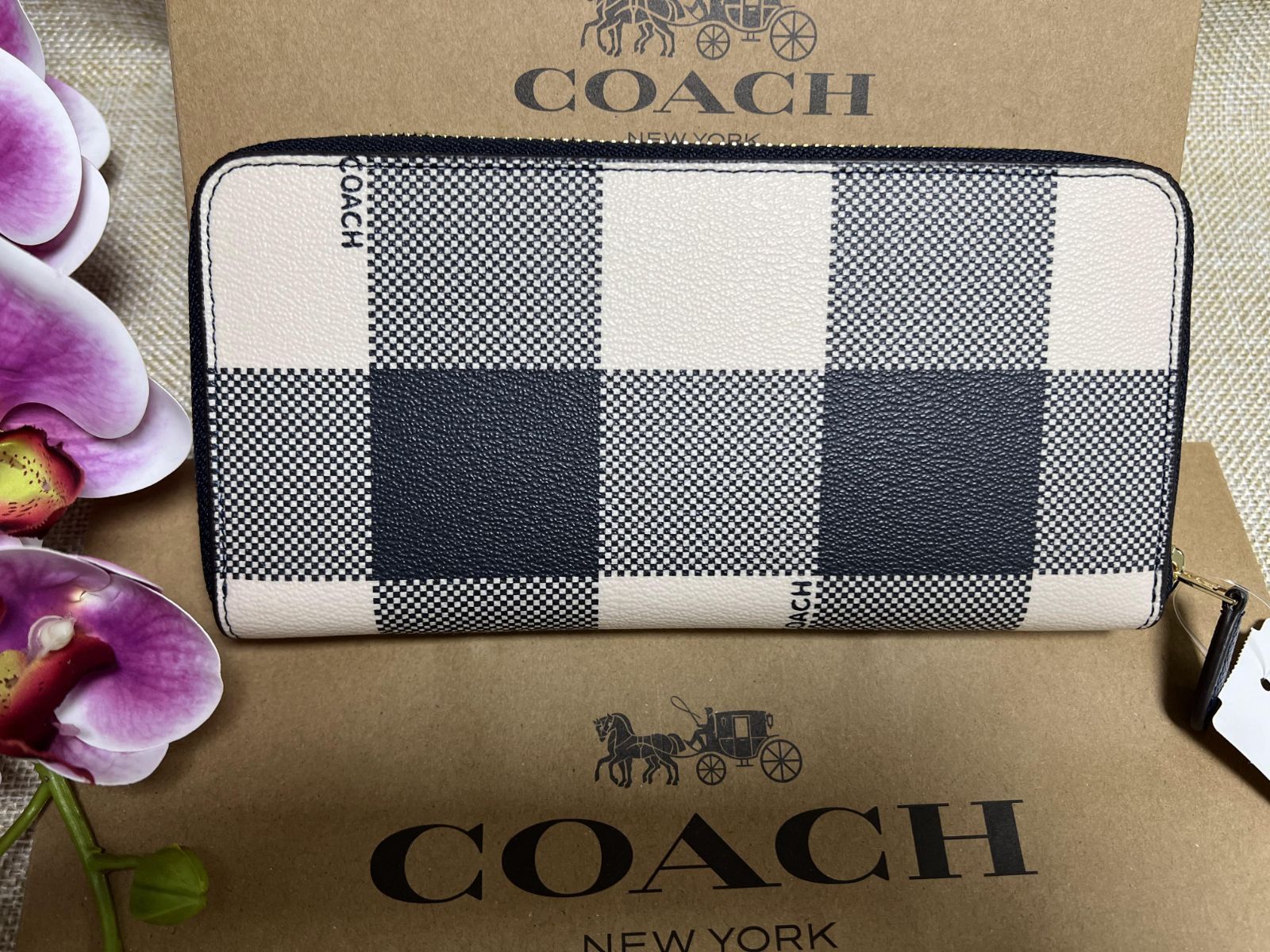 コーチ 財布 長財布 COACH バフ プレイド チェック パターン ジップ ウォレット ミッドナイトマルチ PVC レザー F25966 A35