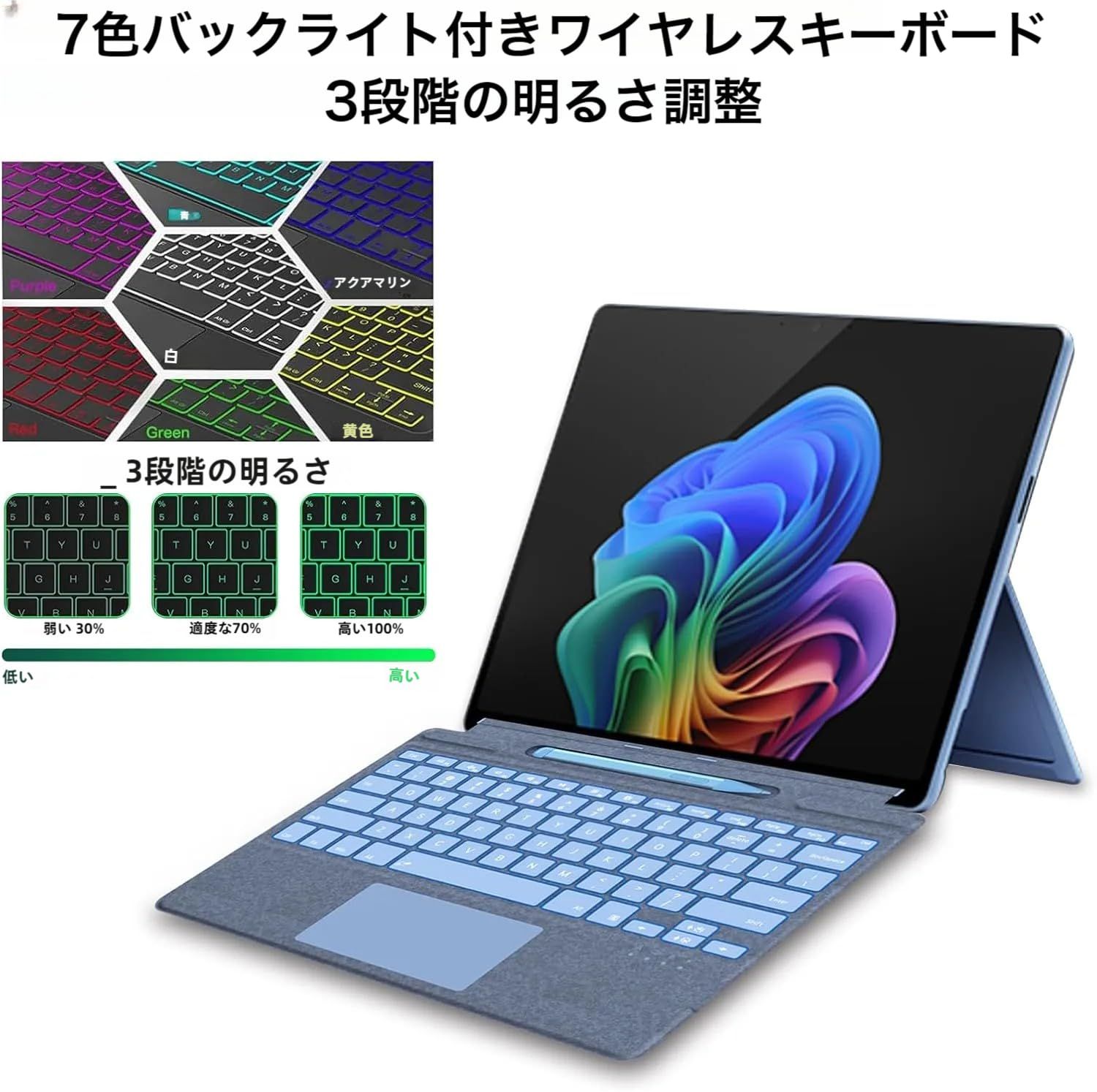 Surface用タッチペン 付き Surface Pro 11|10|9|8|X キーボード＆Surface ペンセット 軽量タイプカバー 磁気吸着式 タッチパッド搭載 七色バックライト付き 薄型 分離式キーボード US英語配列 多角度調整 静音設計 CHRISTIANNAURATH_COM_BR