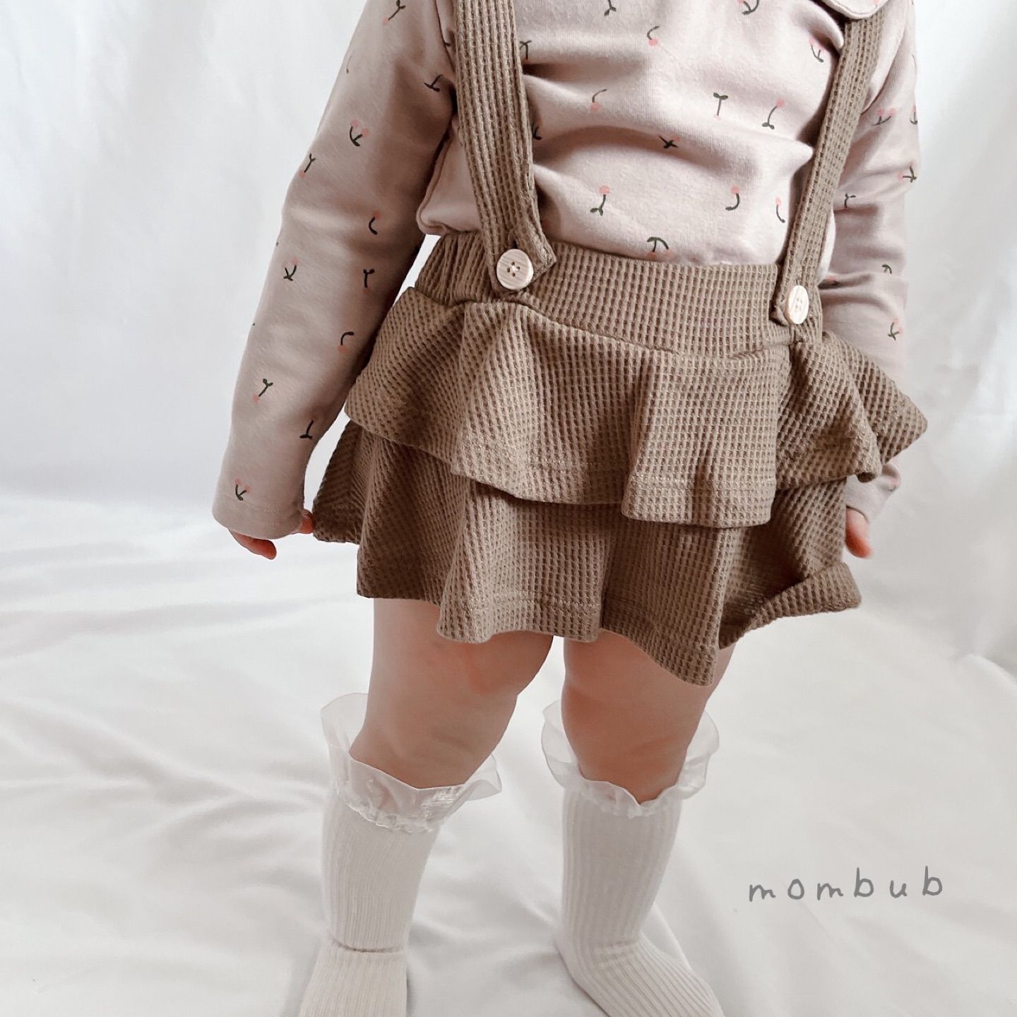 新品　80 サスペンダー付きワッフルフリルサロペット　ブラウン　子供服　女の子