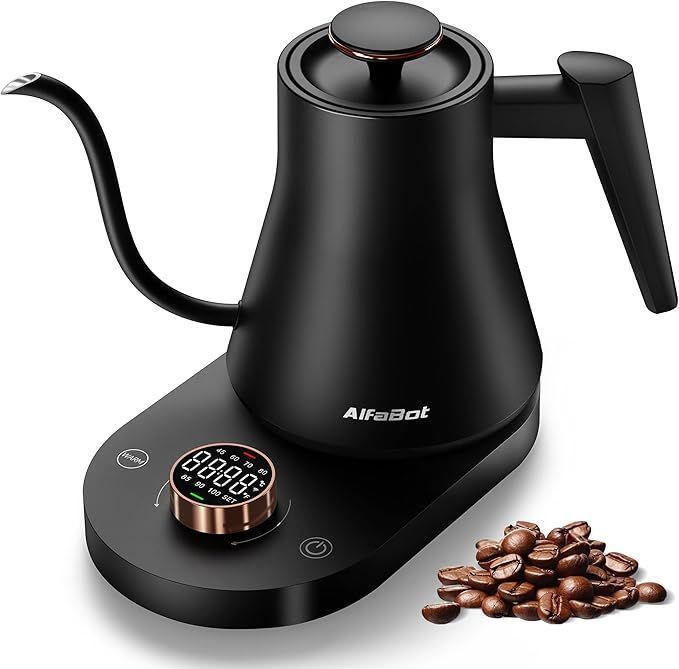 AlfaBot 電気ケトル 温度調節 コーヒーケトル 細口 ドリップケトル 1℃単位温度設定 1.0L大容量 空焚き防止 急速沸騰 8時間保温 LED表示パネル 電気ポット お手入れ簡単 お茶 コーヒー