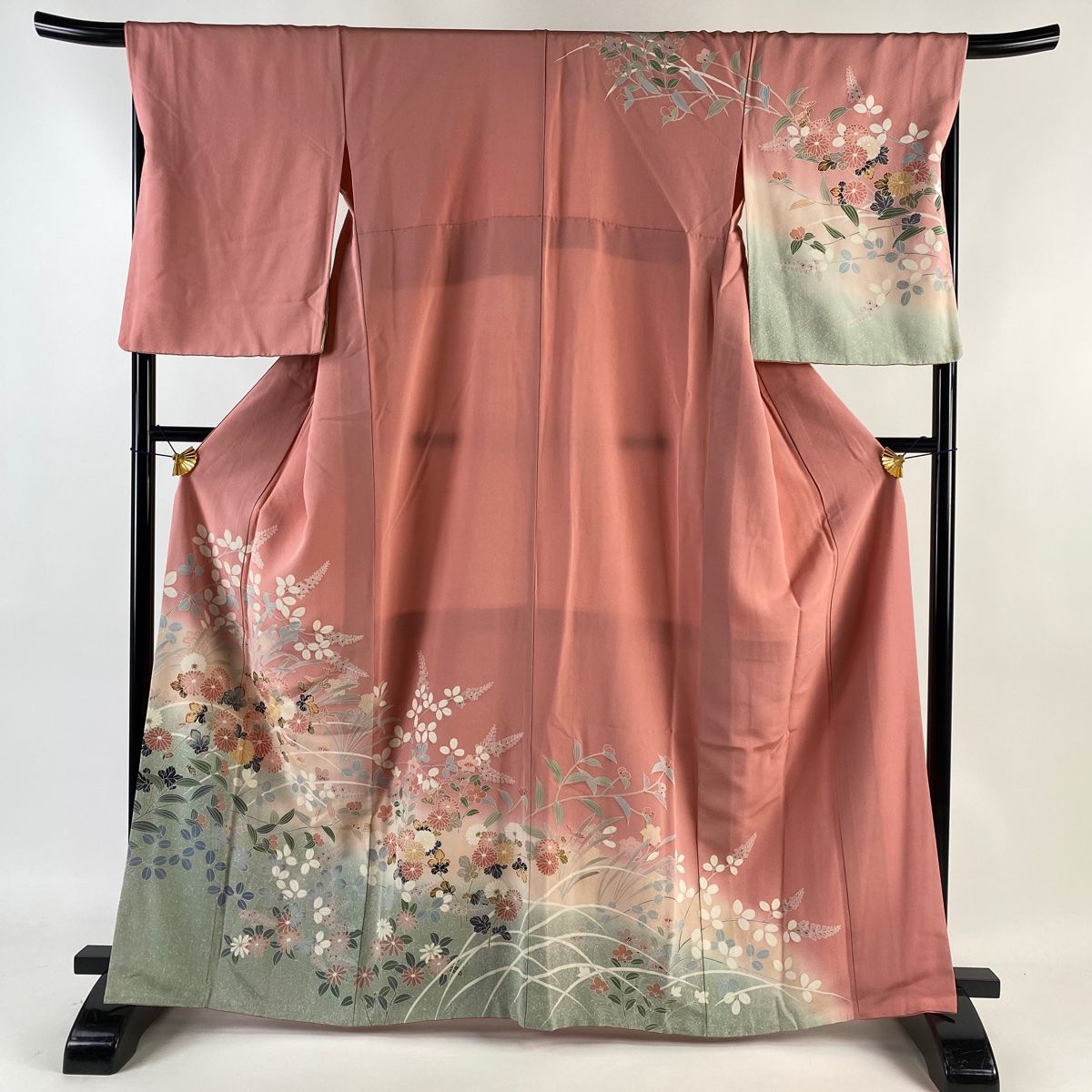 訪問着 身丈165cm 裄丈68.5cm L 袷 菊 萩 染分け ぼかし ピンク 正絹 