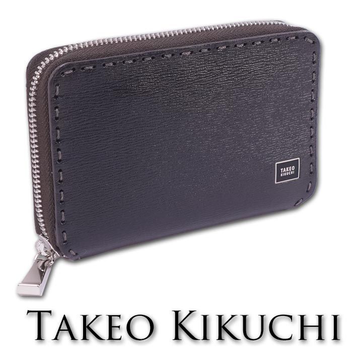 タケオキクチ TAKEO KIKUCHI 牛革 ラウンドファスナー セミ長財布 二つ折り財布 ブラック 黒 メンズ 定価16,500円 レザー 本革 Conceria800社 ミドルウォレット