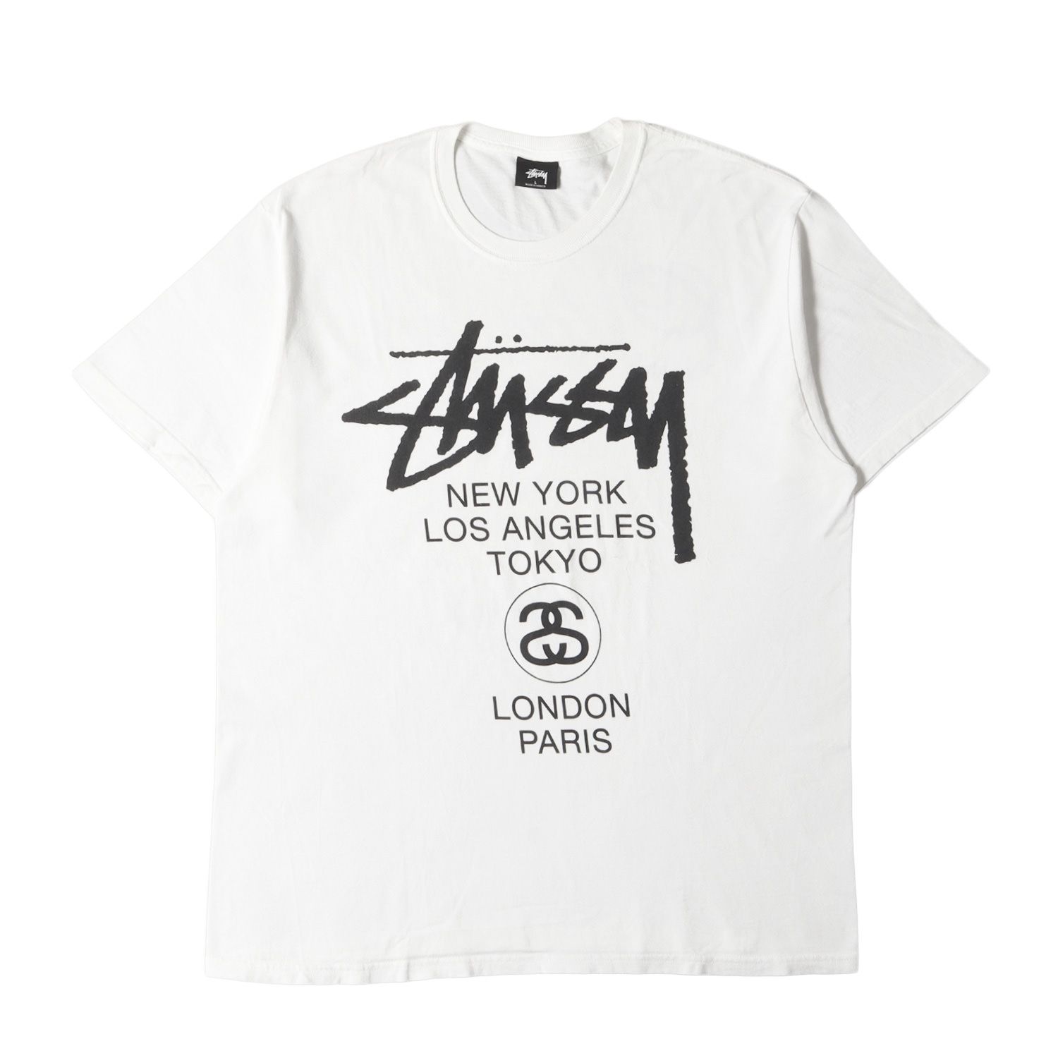 STUSSY ステューシー Tシャツ サイズ:L ワールドツアーロゴ クルーネック 半袖Tシャツ ホワイト 白 トップス カットソー【メンズ】
