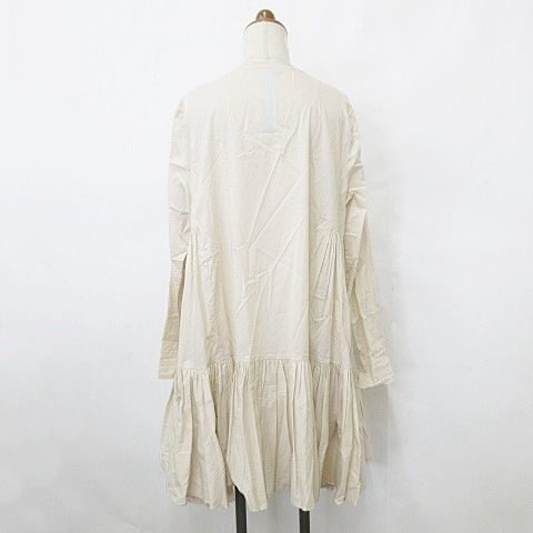 マーレット Merlette ワンピース ひざ丈 長袖 クルーネック 比翼釦開き 切替 ギャザー コットン ベージュ XS