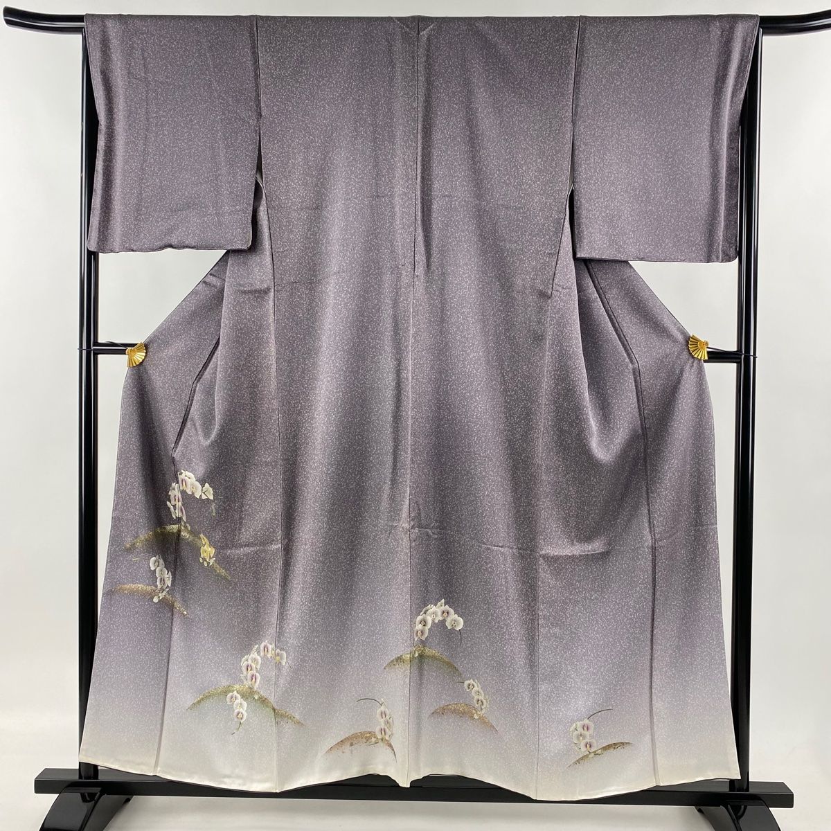 付下げ 身丈157cm 裄丈66.5cm M 袷 胡蝶蘭 金銀彩 螺鈿 灰紫 正絹 名品