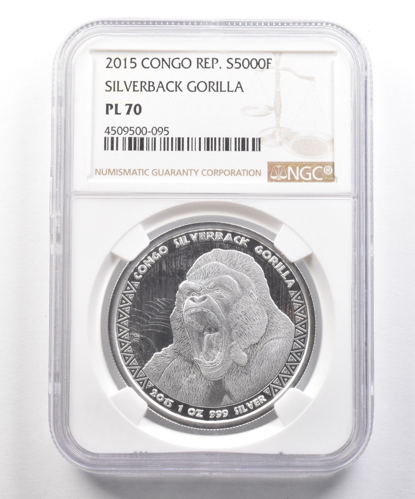 2015年 コンゴ共和国 5000フラン シルバー シルバーバック ゴリラ PL70 NGC