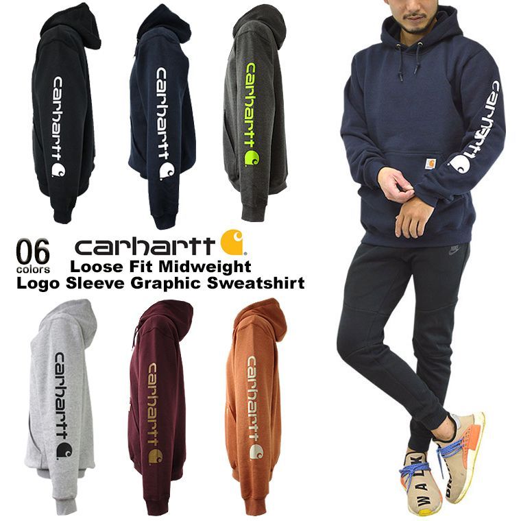 carhartt カーハート スリーブロゴスウェットパーカー 裏起毛 暖かい カーボンヘザーライム Carbon Heather×Brite  ブラウン系 Port×Carhartt Brown オレンジ系 Burnt Sienna Heather