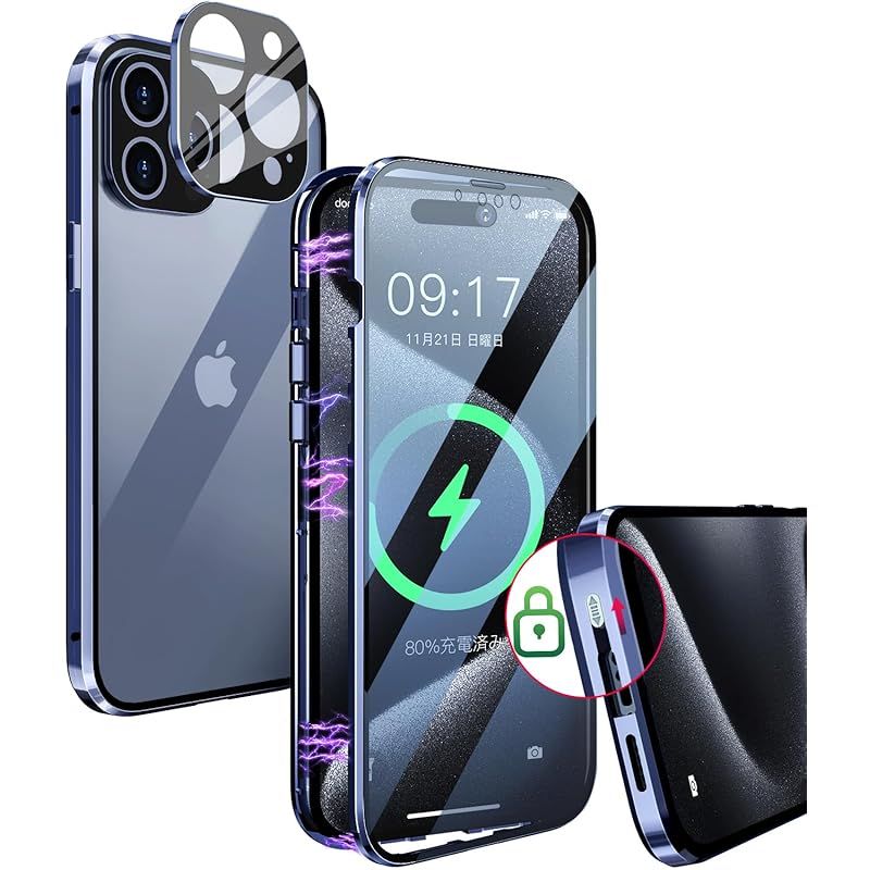 新品　【スライドロック付きu0026ワンピースレンズ保護】iPhone15 Pro Max 用 ケース 「一体型レンズ保護カバー」クリア「ロック式」 「透明両面９Ｈ強化ガラス」嵌合部＋ロック 360全面保護 ア