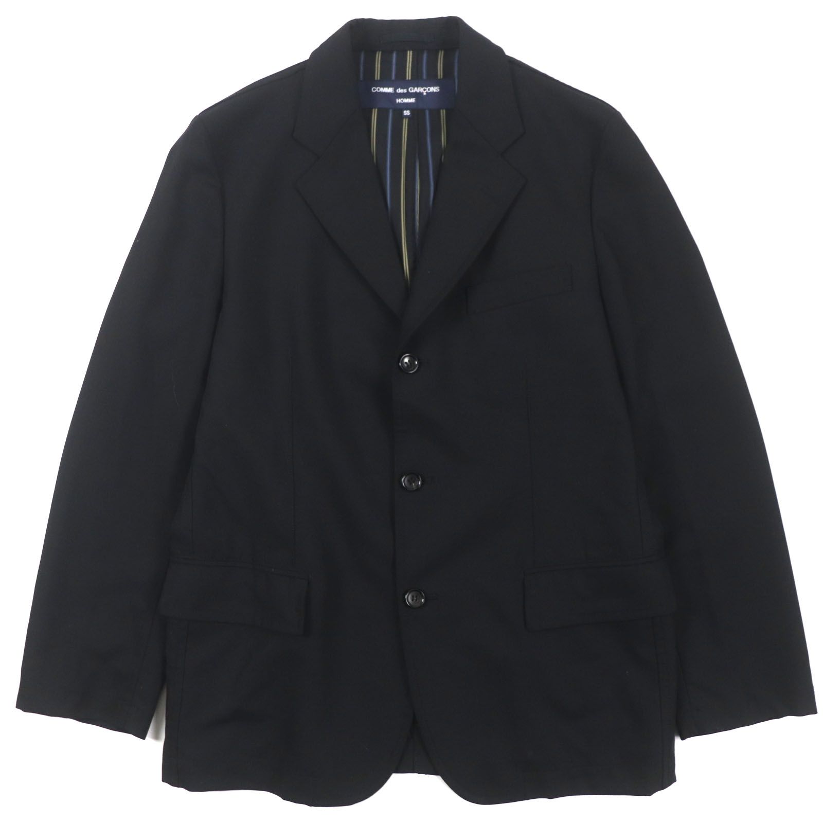 美品COMME des GARCONS HOMME コムデギャルソンオム HS-J109 ウール100% ゆったりシルエット 裏地ストライプ柄 シングルジャケット テーラードジャケット ブラック XS 日本製 正規品 メンズ