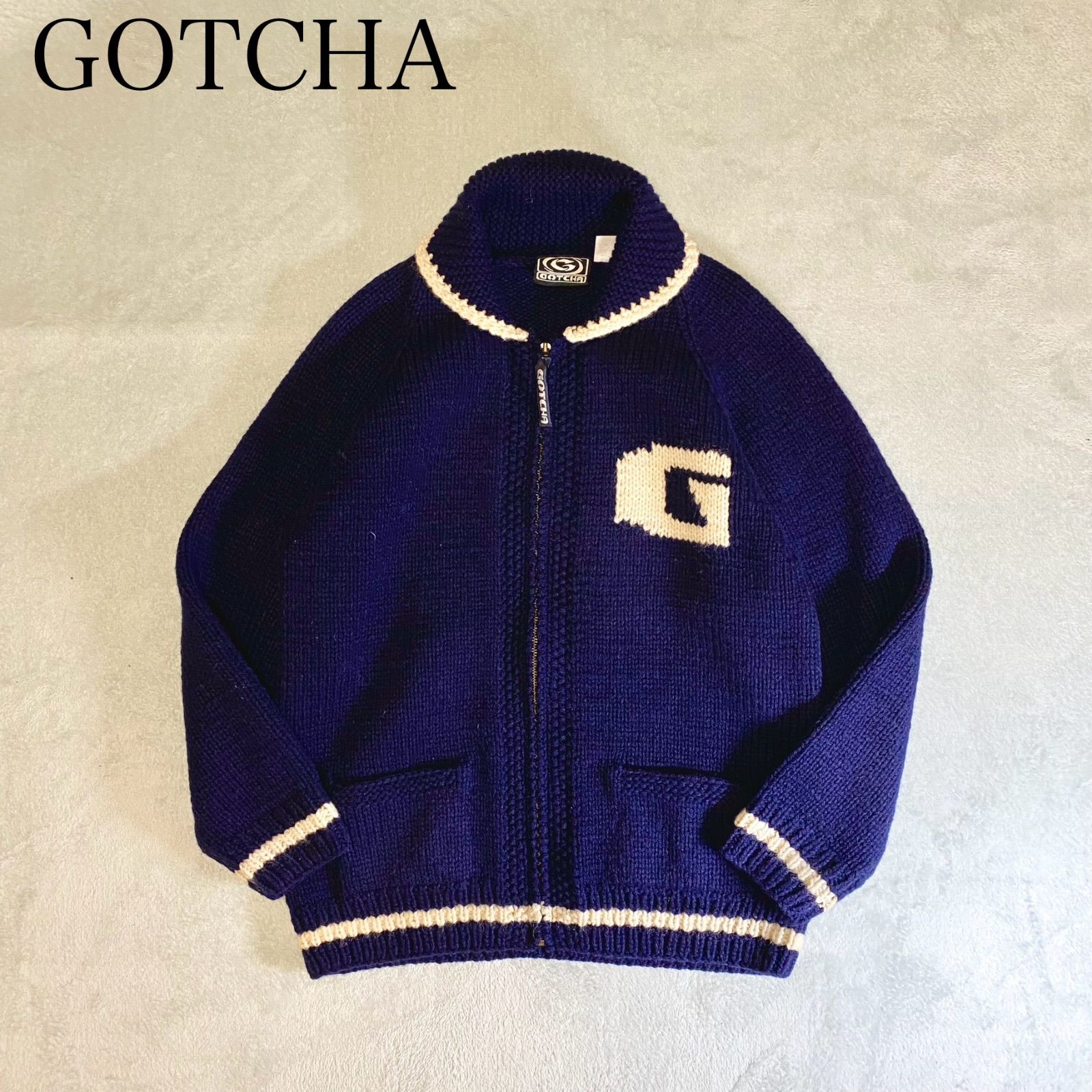 GOTCHA】ニットカーディガン カウチン サメ フルジップ 紺、白 サイズM 