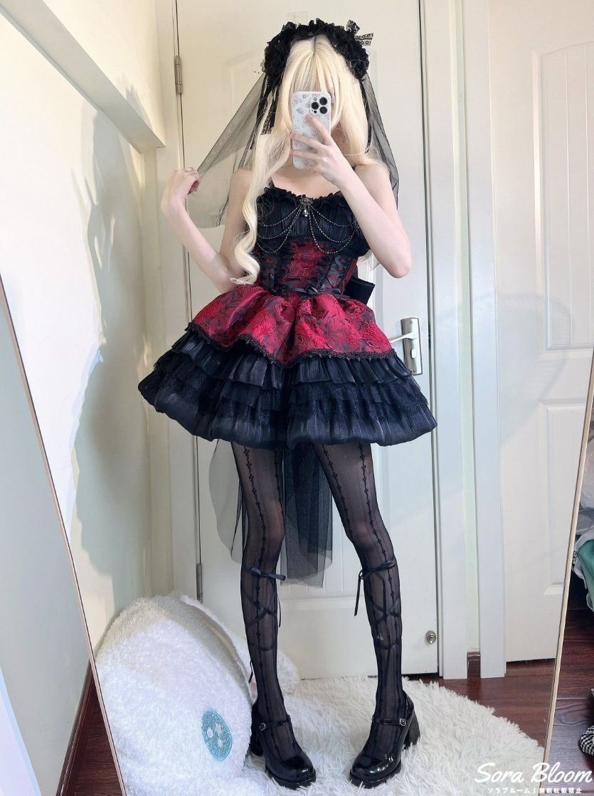 暗黒系オリジナルデザイン Lolita ワンピース サマーエレガンス レッド コスプレ衣装 ゴスロリ ロリータ 撮影