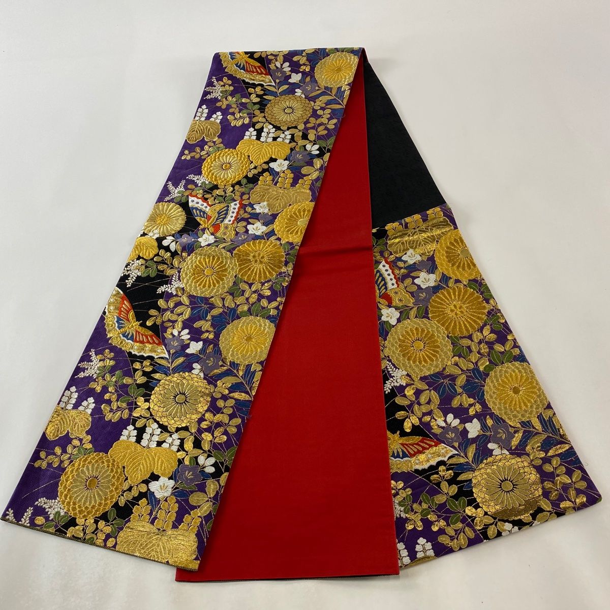 袋帯 美品 優品 菊 蝶 金糸 箔 茶紫 六通 正絹 【中古】 【公式通販】